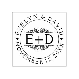 Vintager blüh, Initialen & Herz Hochzeit Gummistempel