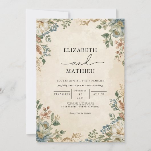 Vintager Blumenbogen Blüh Hochzeit Einladung (Vorderseite)