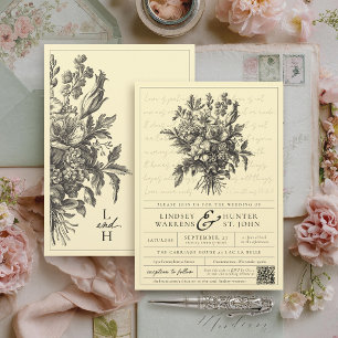 Vintager Blumenbuttergelb QR Christliche Hochzeit Einladung