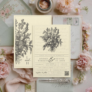 Vintager Blumenbuttergelb QR Christliche Hochzeit Einladung