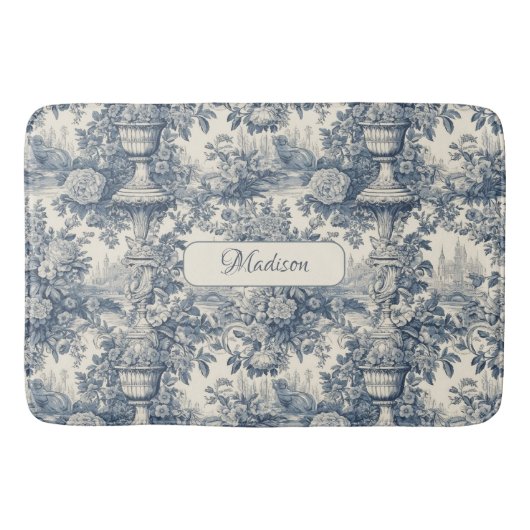 Vintager Blumenchic Blue Toile de jouy Monogram Badematte (Vorderseite)