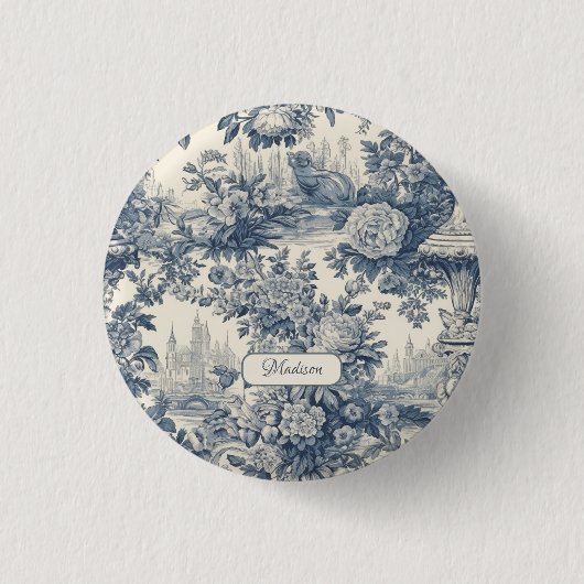 Vintager Blumenchic Blue Toile de jouy Monogram Button (Vorderseite)