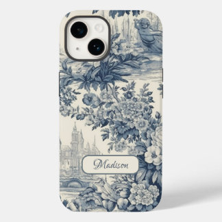 Vintager Blumenchic Blue Toile de jouy Monogram Case-Mate iPhone 14 Hülle