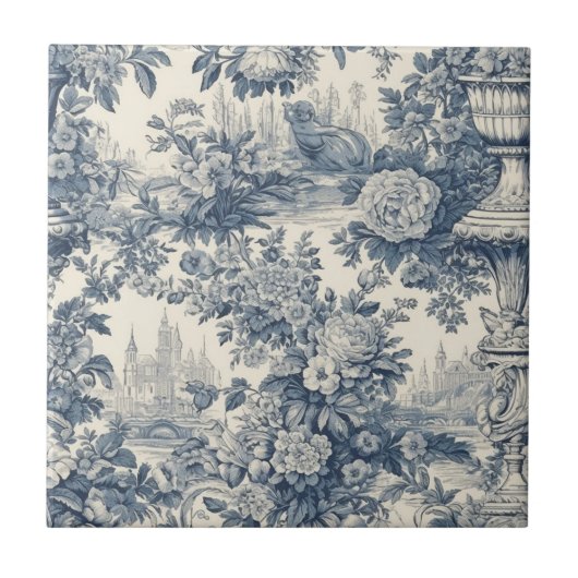 Vintager Blumenchic Blue Toile de jouy Monogram Fliese (Vorderseite)