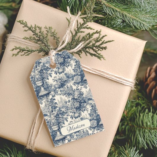 Vintager Blumenchic Blue Toile de jouy Monogram Geschenkanhänger