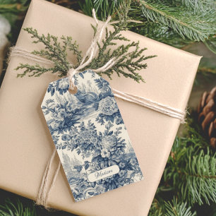 Vintager Blumenchic Blue Toile de jouy Monogram Geschenkanhänger