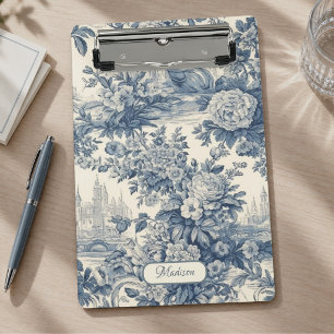 Vintager Blumenchic Blue Toile de jouy Monogram Mini Klemmbrett