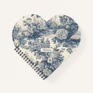 Vintager Blumenchic Blue Toile de jouy Monogram Notizblock