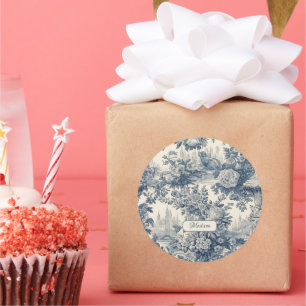 Vintager Blumenchic Blue Toile de jouy Monogram Runder Aufkleber