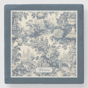Vintager Blumenchic Blue Toile de jouy Monogram Steinuntersetzer