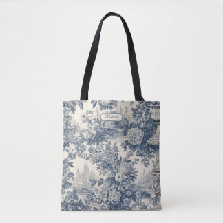 Vintager Blumenchic Blue Toile de jouy Monogram Tasche