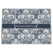 Vintager Blumendamast Blauer Toile de jouy Monogra Große Geschenktüte (Vorderseite)