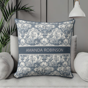 Vintager Blumendamast Blauer Toile de jouy Monogra Kissen