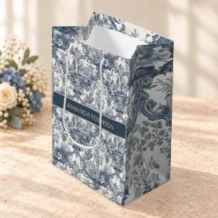 Vintager Blumendamast Blauer Toile de jouy Monogra Mittlere Geschenktüte