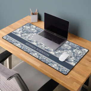 Vintager Blumendamast Blauer Toile de jouy Monogra Schreibtischunterlage