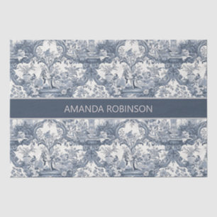 Vintager Blumendamast Blauer Toile de jouy Monogra Seidenpapier