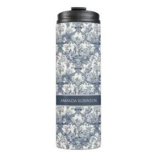 Vintager Blumendamast Blauer Toile de jouy Monogra Thermosbecher