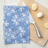 Vintager BlumenDamast Weiß und Cornblumenblau