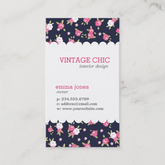 Vintager Blumendruck in Navy und Rosa Visitenkarte (Vorderseite)