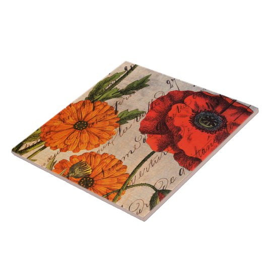 Vintager Blumenentwurf mit roter Mohnblume Fliese (Seite)