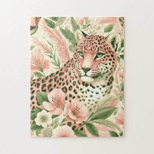 Vintager BlumenJungle Leopard Puzzle (Vertikal)