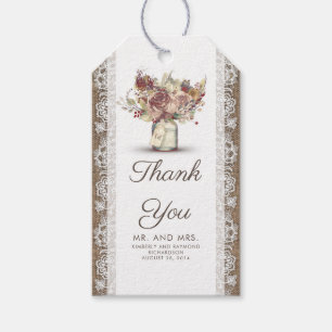 Vintager Blumenmason Jar und rustikale Burlap Lace Geschenkanhänger