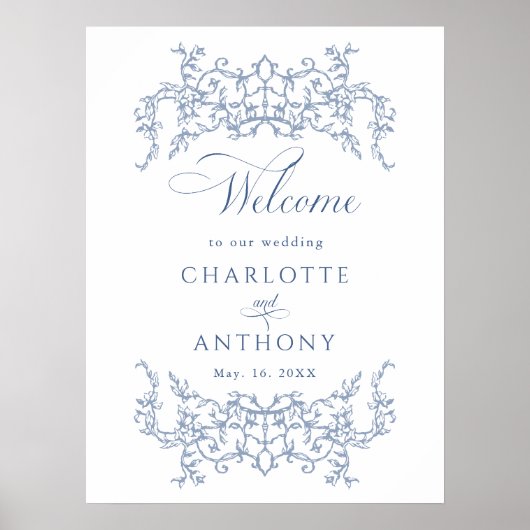 Vintager Blumenrahmen - Blauer Hochzeitstag Willko Poster (Vorne)