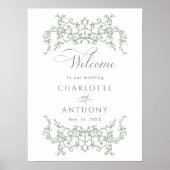 Vintager Blumenrahmen Grün Hochzeitsempfang Poster (Vorne)