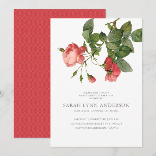 Vintager Blumenrosa Abschluss Einladung (Vorne/Hinten)