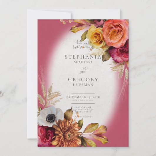 Vintager Blumenstrauch & Fuchsia Hochzeitsempfang Einladung (Vorderseite)