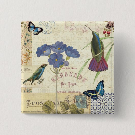 Vintager Blumenstrauß der Blumen, der Vögel und Button (Vorderseite)