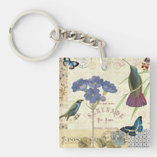 Vintager Blumenstrauß der Blumen, der Vögel und Schlüsselanhänger (Vorderseite)