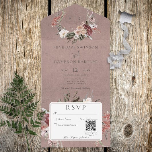 Vintager Blumenstrauß, Dustrosa QR-Code All In One Einladung
