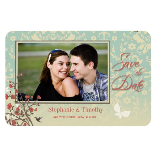 Vintager Blumenvogel + Damast Save the Date Foto Magnet (Horizontal)