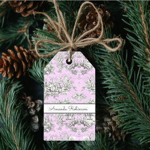 Vintager Blütensee Rosa Toile de jouy Monogramm Geschenkanhänger
