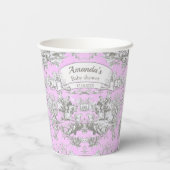 Vintager Blütensee Rosa Toile de jouy Monogramm Pappbecher (Rückseite)