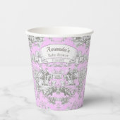 Vintager Blütensee Rosa Toile de jouy Monogramm Pappbecher (Vorderseite)