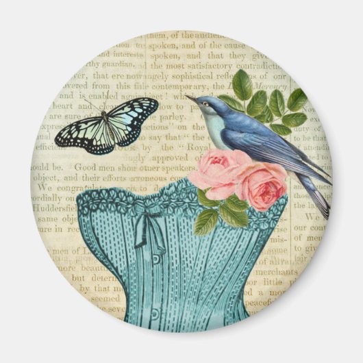 Vintager Blütenvogel und Schmetterling Magnet (Vorne)