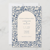 Vintager Bogenstil Blaucreme Blumenzehen Einladung (Vorderseite)