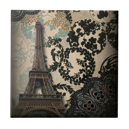 Vintager, böhmisch-blumengeschmückter Eiffelturm Fliese (Vorderseite)