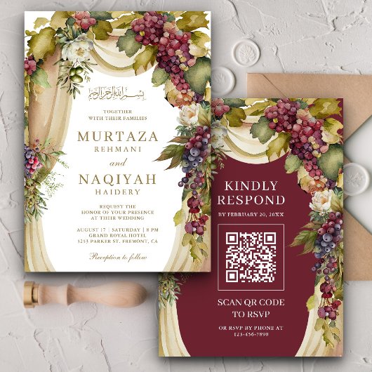 Vintager Boho Grapes Arch QR Code muslimische Hoch Einladung