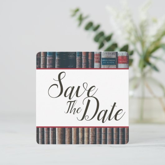 Vintager Bookcase Save the Date (Stehend Vorderseite)