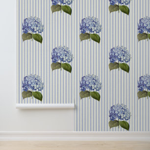 Vintager botanischer Blaue Hydrangea-Blume Streife Tapete