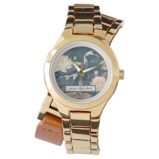 Vintager botanischer Blaukran anpassbar Armbanduhr (Vorderseite)