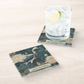 Vintager botanischer Blaukran anpassbar Glasuntersetzer (Schrägansicht)