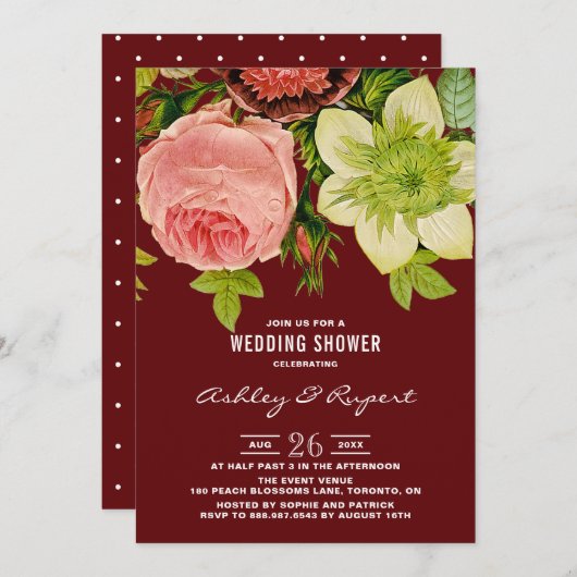 Vintager botanischer Blumenroter Polterabend Einladung (Vorne/Hinten)