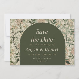 Vintager Botanischer Blumenstrauß und Moss Green B Save The Date