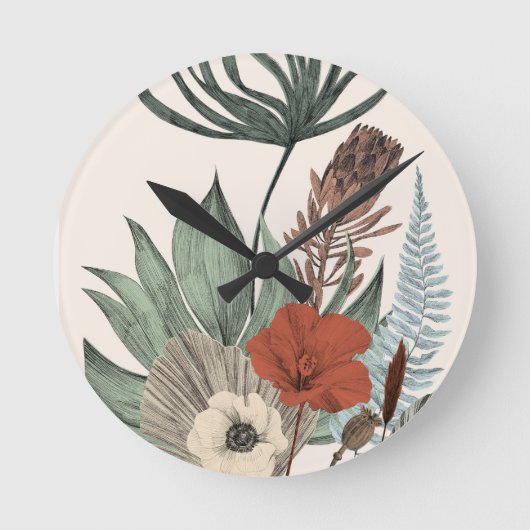 Vintager botanischer Garten - Wildblumen & Protea  Runde Wanduhr (Vorderseite)