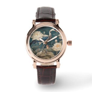 Vintager botanischer Kranich und Lotus Armbanduhr