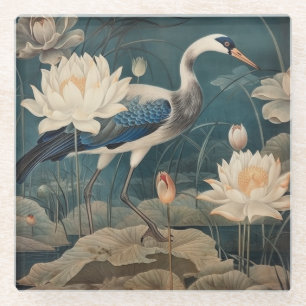 Vintager botanischer Kranich und Lotus Glasuntersetzer